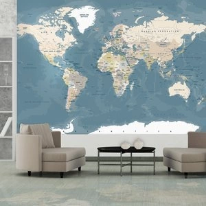 Fototapeta - Błękitno beżowa mapa świata retro