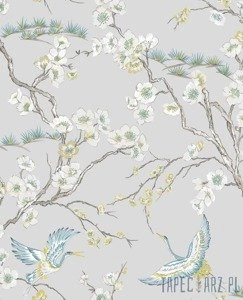 Szara tapeta winylowa gałązki kwiaty styl japoński