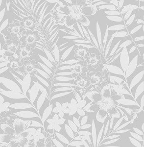 Srebrna tapeta do salonu liście kwiaty nowoczesna