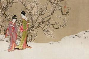 Fototapeta ścienna w stylu japońskim drzewo wiśniowe i gejsza V118-1