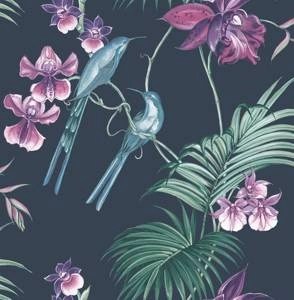 Granatowa tapeta winylowa z brokatem tropikalna