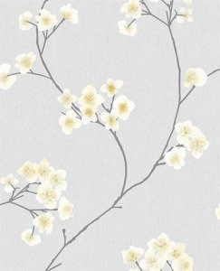 Szara tapeta winylowa roślinna gałązki kwiaty