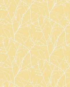 Żółta tapeta winylowa w białe gałązki drzewa las