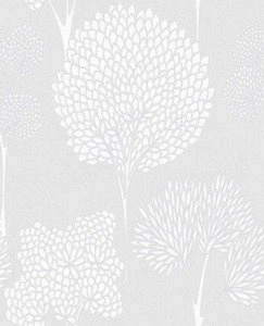 Szara tapeta winylowa białe drzewa roślinna brokat