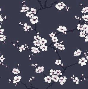 Granatowa tapeta w kwitnące gałązki wiśni ładna