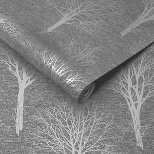 Tapeta winylowa zmywalna szara srebrna las drzewa