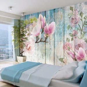 Fototapeta - Różowe kwiaty na drewnie