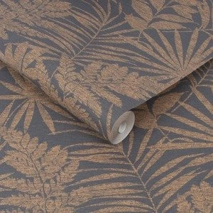 Szara tapeta winylowa brązowe liście palmy dżungla