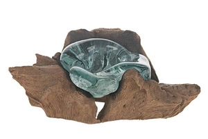 Świecznik szklany wtopiony w drewno 34274-017