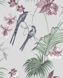 Szara tapeta winylowa z brokatem dżungla kwiaty