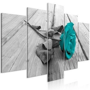 Obraz - Róża na drewnie (5-częściowy) szeroki turkusowy