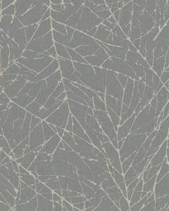 Szara tapeta winylowa z motywem lasu beżowo-srebrne gałęzie