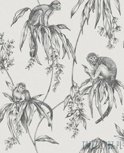 Szara tapeta winylowa małpki gałązki liście modna